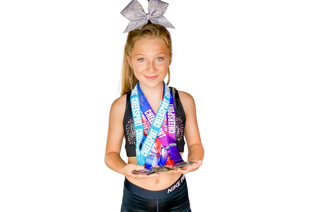 Cheerleader with medals.